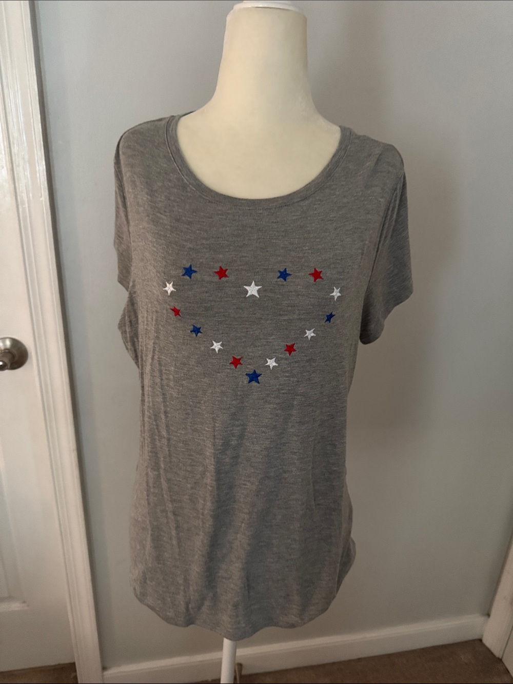 Gray Short-Sleeve Tee with Red, White & Blue Star Heart